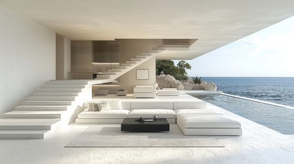 Fototapeta premium Modern coastal living room with white decor and ocean view in a seaside home
