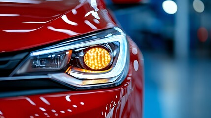 Fototapeta premium Close-up of a red car's headlight and turn signal on a blurred background