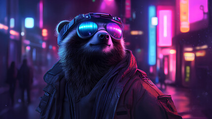 Obraz premium A stylish bear wearing futuristic sunglasses stands in a neon-lit urban environment.