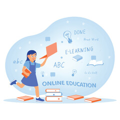 Little girl studying with books and laptops. Schoolgirl standing with education graffiti in the background. Online Education concept. Flat vector illustration.