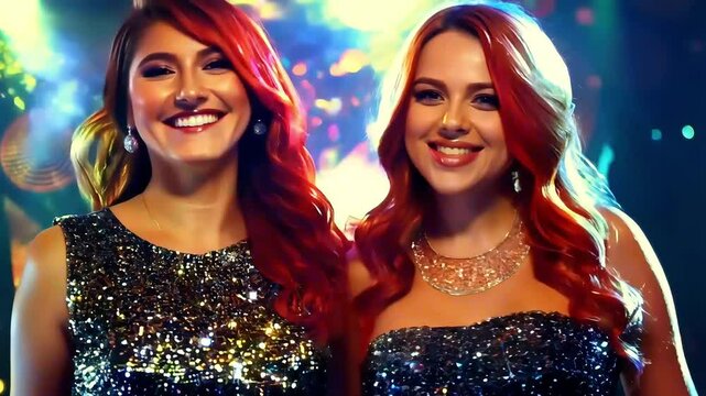 
Two young women with red hair, wearing sequined dresses, smile ecstatically at the camera, at new year party in disco night club