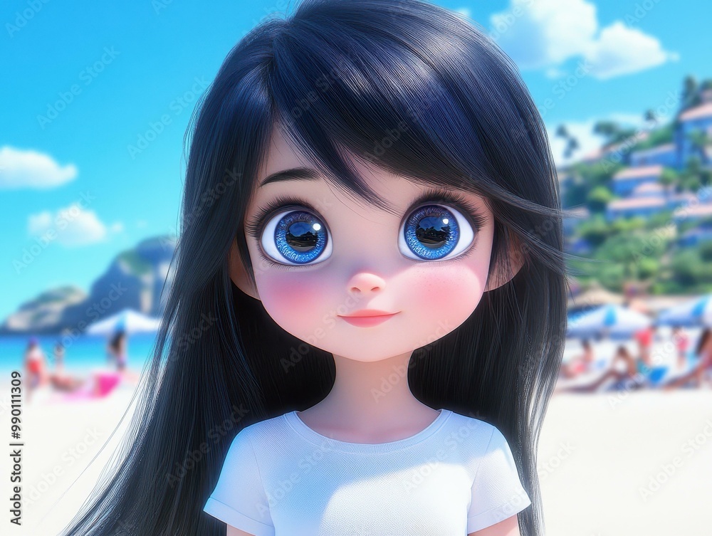 Poster An Asian girl with bright eyes and long black hair joyfully stands on the beach, radiating happiness under the sun.