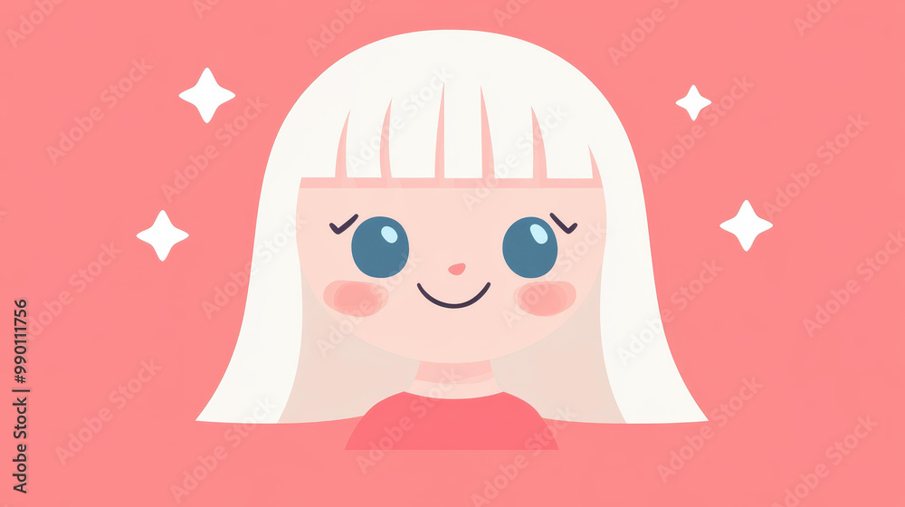 Sticker bright and cheerful 2d art of a happy little girl, capturing joy through her large blue eyes and pla