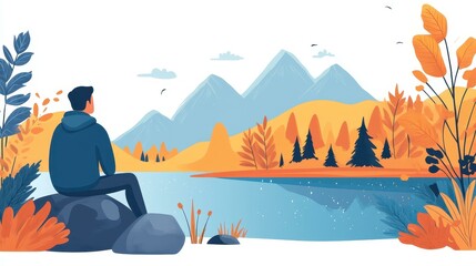 Fototapeta premium A man relaxes on a rock by a serene lake, capturing the essence of outdoor exploration in a vibrant cartoon illustration.
