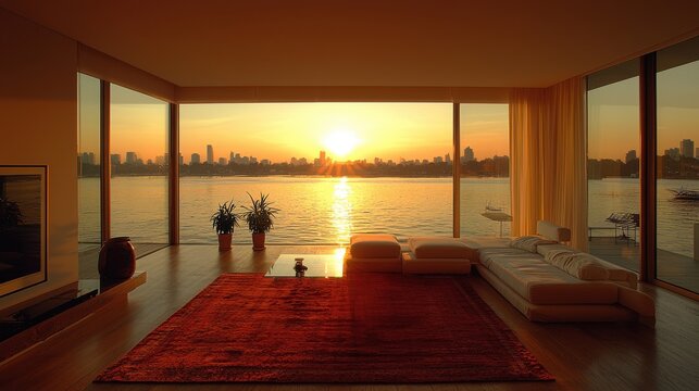 Sunset view from a modern living room overlooking a serene lake with vibrant city skyline in the background during golden hour