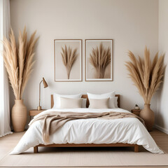 A cozy and minimalist bedroom with a large bed, wooden furniture, and natural decor elements like pampas grass and woven baskets. 