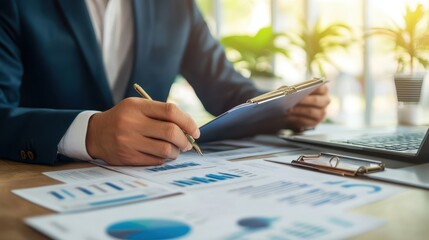 Legal officer reviewing mortgage agreement in modern office, credit report in the background, mortgage and credit review, financial document analysis
