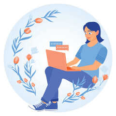 Young woman using a laptop. Take online educational training. Online Education concept. Flat vector illustration.