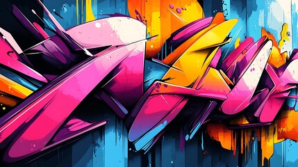 Futuristic digital graffiti, sharp geometric shapes fused with bold graffiti lines, vibrant neon lights, glitch distortions, chaotic flow of street art energy meets high-tech aesthetics,