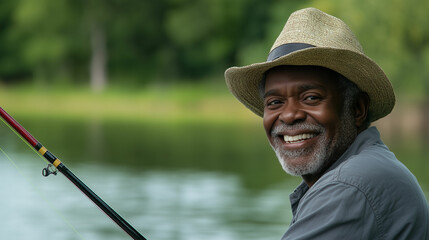Obraz premium Happy elderly Black man enjoys fishing at a serene lake surrounded by nature on a pleasant day