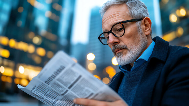 Thoughtful man reading newspaper in urban setting with blurred city lights in the background. - Powered by Adobe