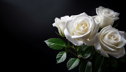 white roses on black, dark background.