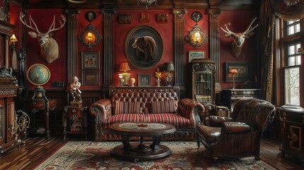 Traditional trophy room: Mounted animals, baroque furniture, vintage charm
