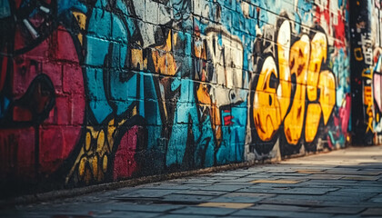 Obraz premium A graffiti-covered urban wall, showcasing vibrant colors, bold lines, and an edgy, artistic vibe