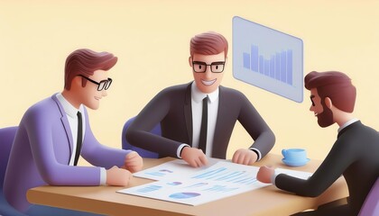 Obraz premium Three business professionals collaborate at a table, discussing data insights from charts and reports in a modern office setting.