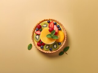 A fruit tart with a golden crust and a custard center is topped with kiwi, strawberries, and blueberries.