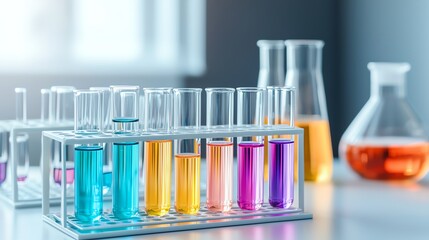 Biological lab with racks of test tubes filled with colorful liquids for various experiments, chemical reactions in biology, interaction of chemicals and biological systems