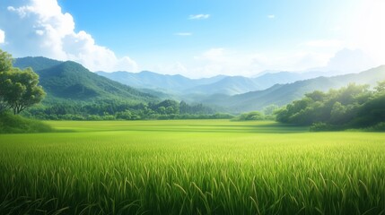 Obraz premium Green Field with Mountains in the Background.