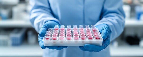 Lab technician handling a tray of slides with biological specimens under sterile conditions, sample preparation, careful and methodical research processes