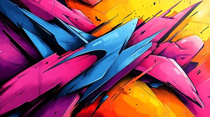 Geometric shapes and raw graffiti brush strokes in bright, clashing neon colors, sharp angles intersected by bold, chaotic lines, dynamic movement of clean and rough elements,