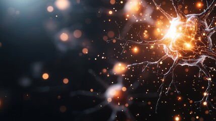 Obraz premium Dynamic Neuron with Glowing Connections in Dark Background