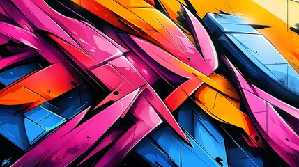 Harmonious fusion of bold graffiti lines and abstract shapes, vivid neon tones creating a dynamic rhythm of movement, sharp edges intersecting with smooth forms,