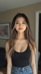 Fototapeta premium Photo of a stylish Asian girl in jeans and a tank top, showcasing her cute face and long hair in a cozy living room setting.