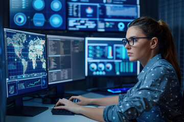 A woman focuses on her computer, utilizing hologram elements to enhance her reporting and data analysis.