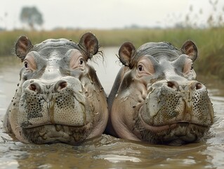Fototapeta premium Two Hippos in the Mud: A Close-Up Portrait of African Wildlife