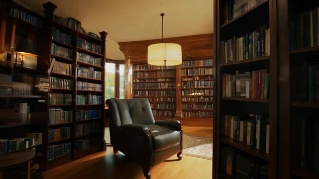 A warm, inviting atmosphere fills the home library with shelves lined with books. A plush chair sits in the center, perfect for cozy reading sessions during the evening