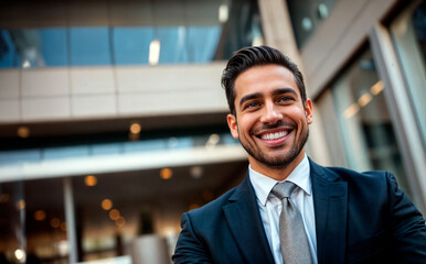 Man in Suit Standing in Front of Building Smiling and Looking Up Towards Camera - Confident and Professional Vibe Concept