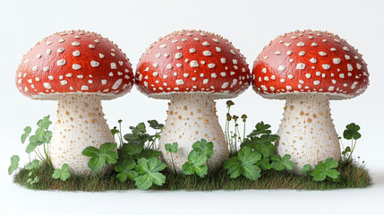A trio of vibrant red mushrooms with white spots nestled among green clovers, showcasing a beautiful natural scene.