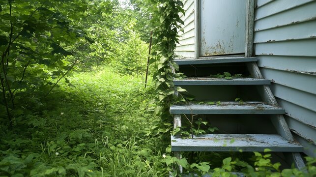 An overgrown staircase leads to an abandoned home, symbolizing decay, nature's reclaiming, forgotten memories, mystery, and the passage of time.