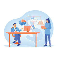 Two businessmen are analyzing graph data. Project management and startup development. Business analysis instruments concept. Flat vector illustration.