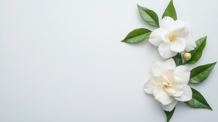Obraz premium Elegant gardenia bloom, pristine white backdrop, delicate petals highlighted, serene and minimalist aesthetic, inviting calmness and simplicity, perfect for tranquil decor.