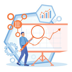 Businessman standing in front of the projector screen. Use a magnifying glass to analyze graphs and charts. Business analysis instruments concept. Flat vector illustration.