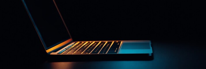 Black laptop with glowing keys on a dark background, symbolizing technology, innovation,...