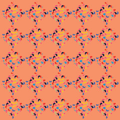 A seamless pattern featuring multicolored floral designs arranged in a symmetrical layout on a peach-colored background, evoking a vintage wallpaper style.

