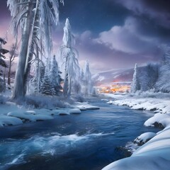 A river with snow on the branches and trees in the background.