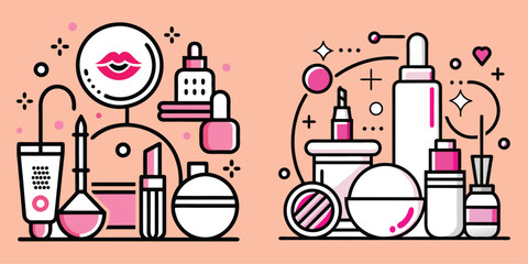 A graphic illustration of beauty products including lipstick, creams, brushes, nail polish, and a mirror; depicted in pink and white with decorative elements like stars and circles.