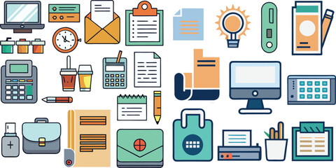 A collection of flat design icons representing office and business items, including a calculator, briefcase, clipboard, and computer, arranged neatly.