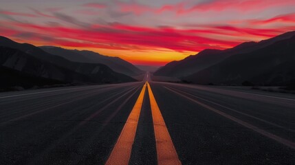 Highway Leading to Sunset Over Mountains