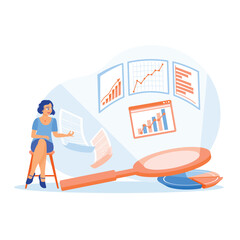 Obraz premium The businesswoman is in front of a projector screen. Young woman analyzing infographic data. Business analysis instruments concept. Flat vector illustration.