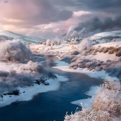 A river with snow on the branches and trees in the background.
