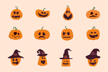 A fun set of 12 cute Halloween pumpkin icons in flat design, featuring various expressions and witch hats. Perfect for seasonal designs, invites, and festive decor.