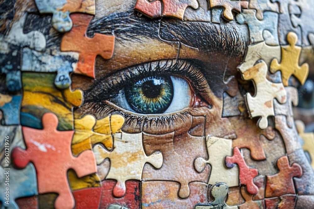 Fototapete a puzzle-piece figure with a missing section, representing the nuanced layers of identity and the on