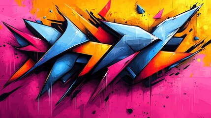 Riotous combination of geometric shapes and vibrant graffiti lines, sharp angular forms, bright neon colors, chaotic brushstrokes clashing with clean structure, dynamic movement of graffiti strokes,