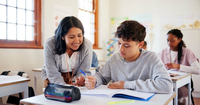 Happy teacher, student and teenager with book for question, help or assistance at school. Young, boy or educator with learner for exam, test or studying in classroom for open assessment or assignment