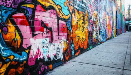 Fototapeta premium A graffiti-covered urban wall, showcasing vibrant colors, bold lines, and an edgy, artistic vibe