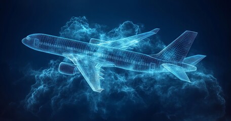 Futuristic Digital Blueprint of Airplane with Cloud Background
